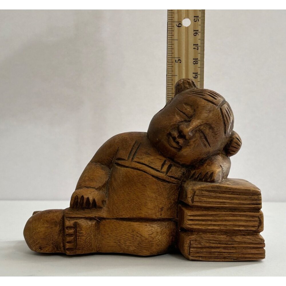 Vintage Wooden Sleeping Asian Child Resting on Books Lucky Charm Oriental Decor - Picture 8 of 8